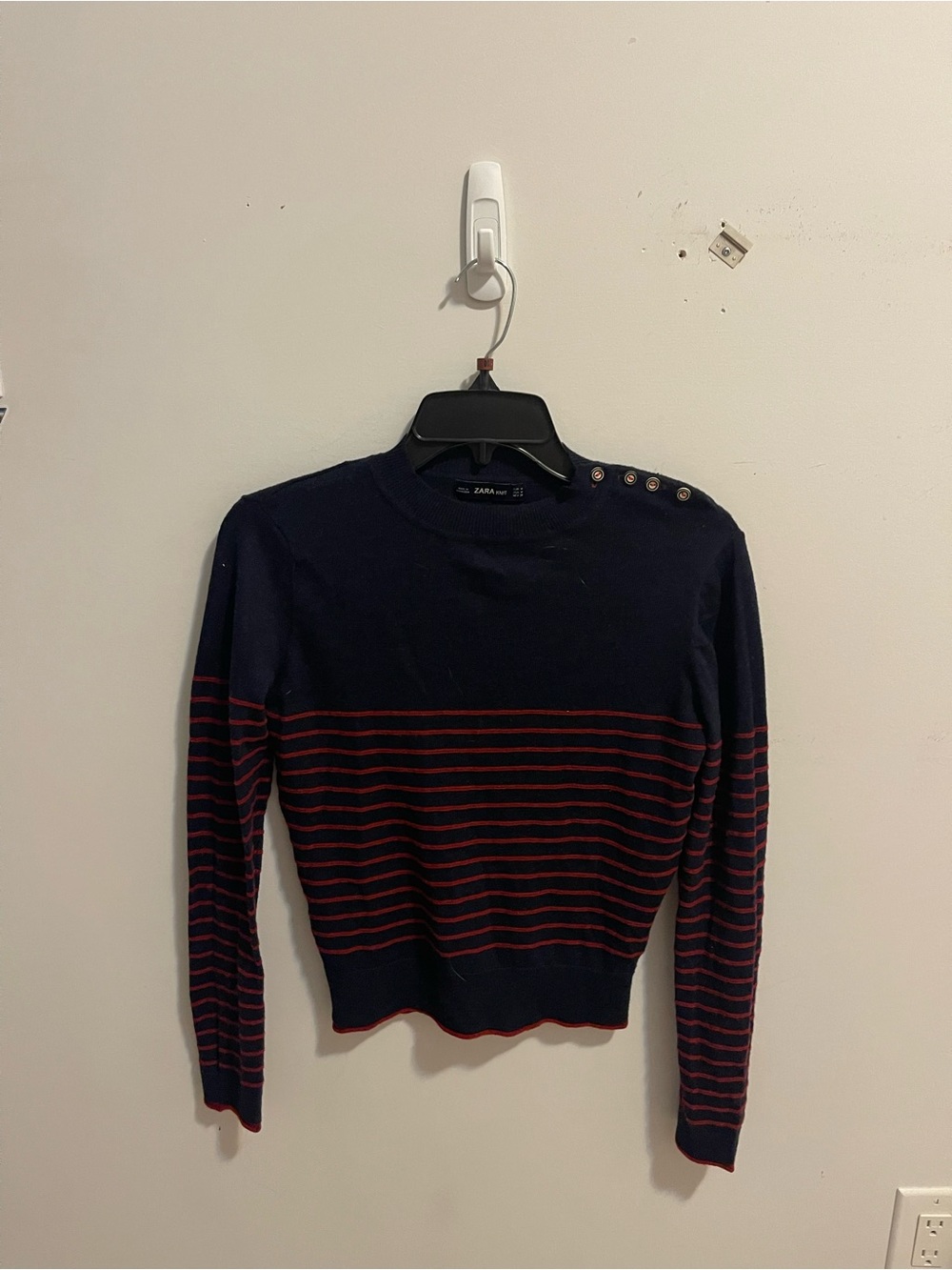 Zara Navy Crewneck Sweater with Red Stripes and Shoulder Buttons